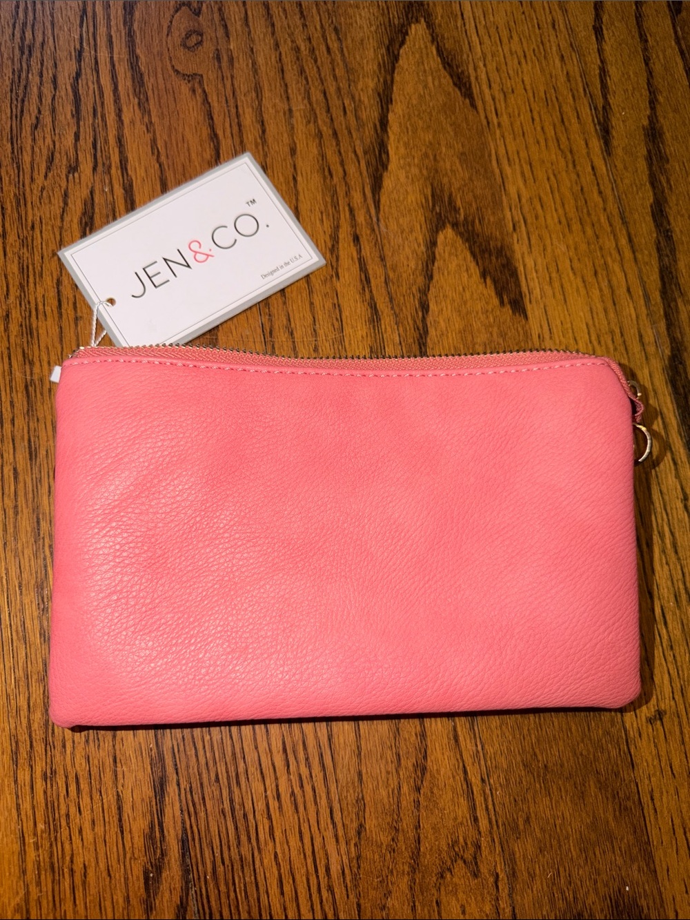 NEW Coral Pink Leather Wristlet Pouch With Gold Accents / Pockets & coin pouch